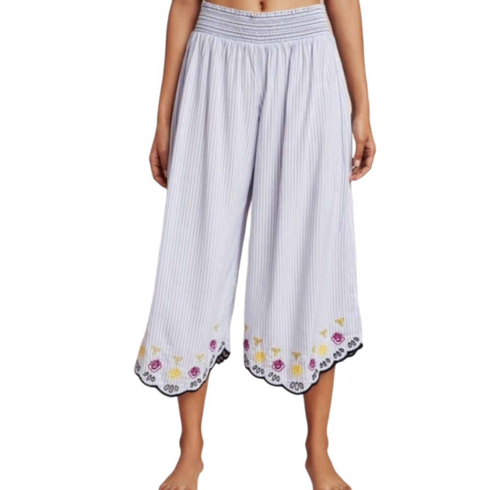 Anthropologie Blue & White Striped Cropped Embroidered Wide-Leg Pants